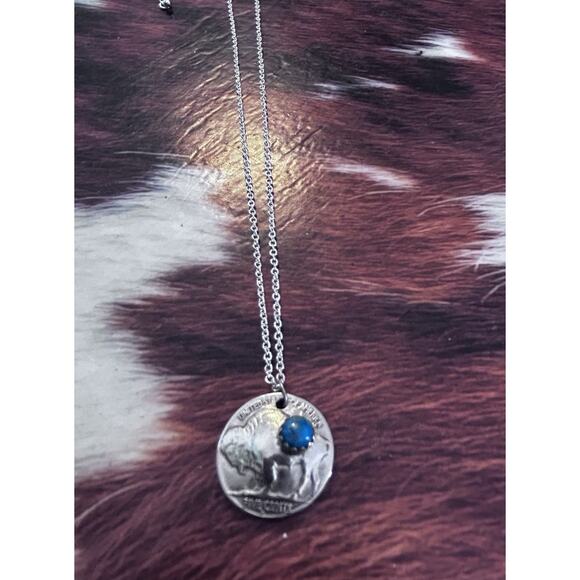 Handmade Jewelry - Vintage Buffalo Nickel And Kingman Turquoise Pendent On Chain - Made In Montana